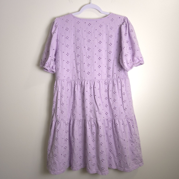 LOFT Eyelet Embroidered Puff Sleeve Button Tiered Purple Swing Dress M - Picture 6 of 10